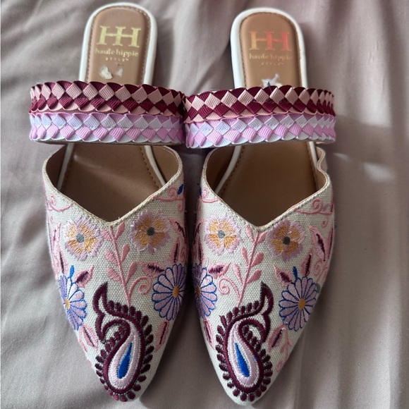 Haute Hippie Shoes - Haute Hippie Pink Floral Embroidered Slip-On Mules
